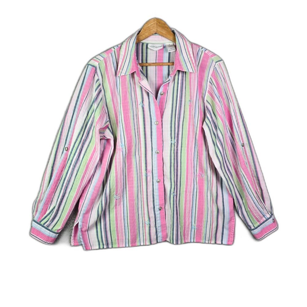 Alfred Dunner Button Front Striped Blouse Pink Green 14 Coastal Casual